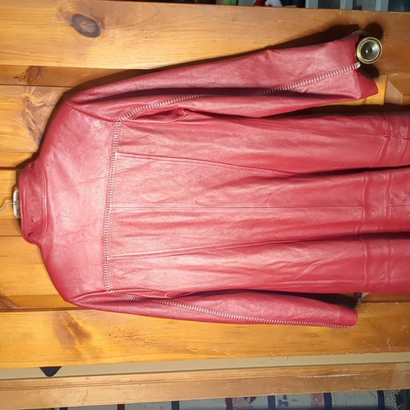 ELENA by FERME* red leather trench button front 2pkt white accent stitching sz M - Picture 12 of 17